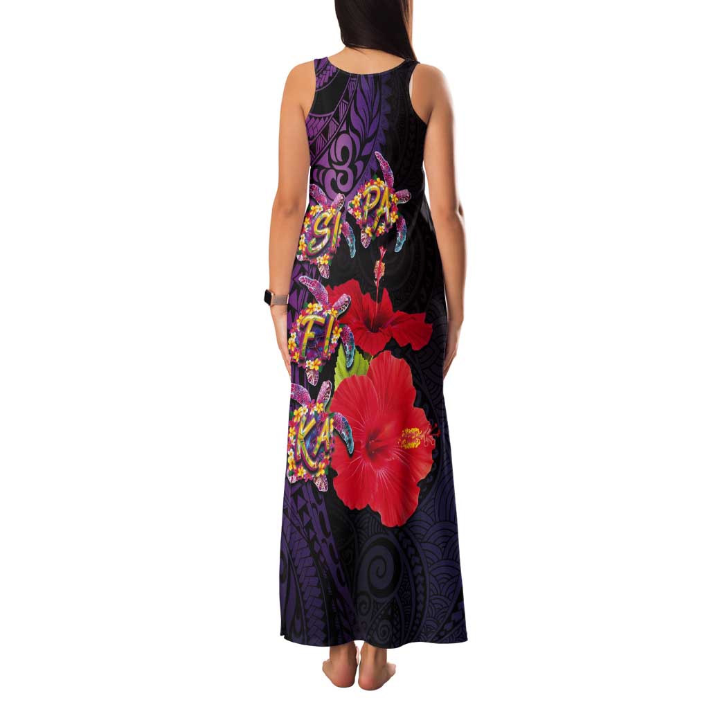 Pasifika Festival Tank Maxi Dress Plumeria Turtles with Hibiscus - Polynesian Art Tattoo Purple Color
