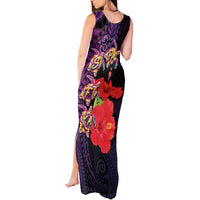 Pasifika Festival Tank Maxi Dress Plumeria Turtles with Hibiscus - Polynesian Art Tattoo Purple Color