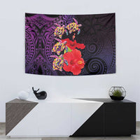 Pasifika Festival Tapestry Plumeria Turtles with Hibiscus - Polynesian Art Tattoo Purple Color