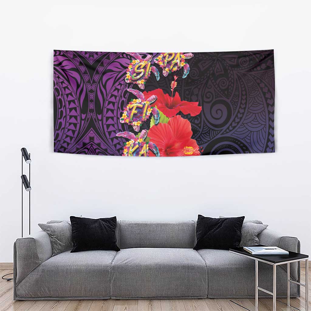 Pasifika Festival Tapestry Plumeria Turtles with Hibiscus - Polynesian Art Tattoo Purple Color