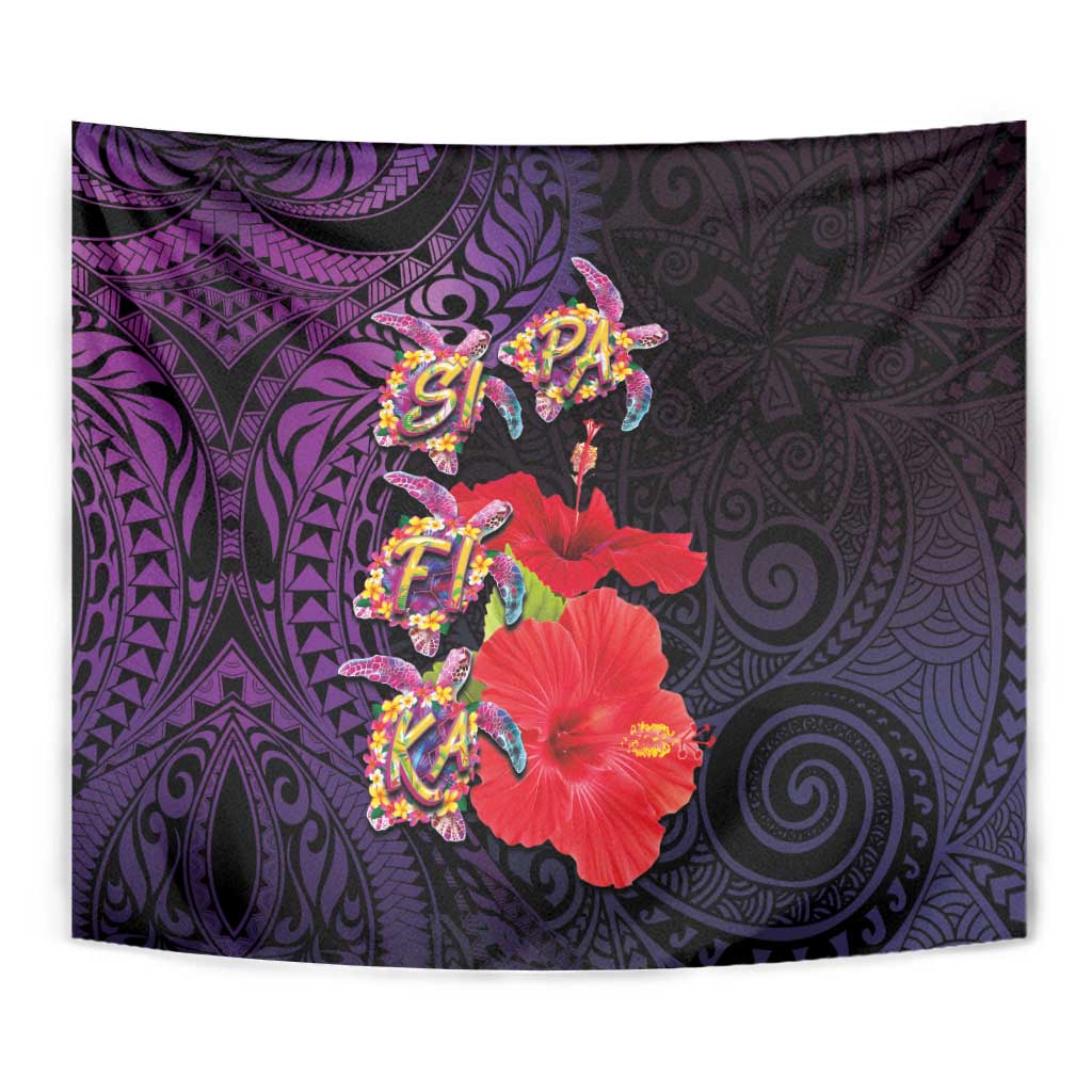 Pasifika Festival Tapestry Plumeria Turtles with Hibiscus - Polynesian Art Tattoo Purple Color