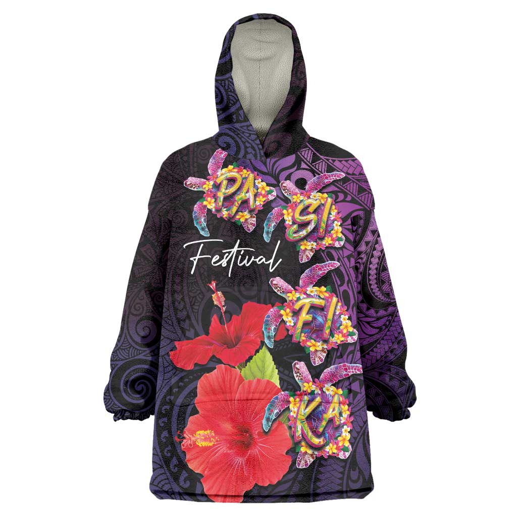 Pasifika Festival Wearable Blanket Hoodie Plumeria Turtles with Hibiscus - Polynesian Art Tattoo Purple Color