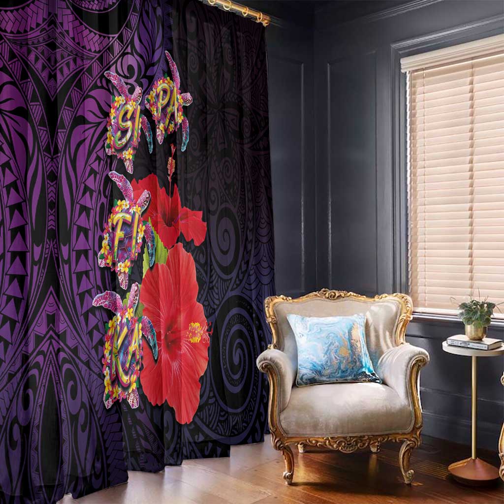 Pasifika Festival Window Curtain Plumeria Turtles with Hibiscus - Polynesian Art Tattoo Purple Color