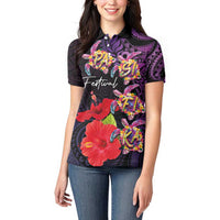 Pasifika Festival Women Polo Shirt Plumeria Turtles with Hibiscus - Polynesian Art Tattoo Purple Color