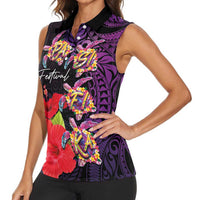 Pasifika Festival Women Sleeveless Polo Shirt Plumeria Turtles with Hibiscus - Polynesian Art Tattoo Purple Color