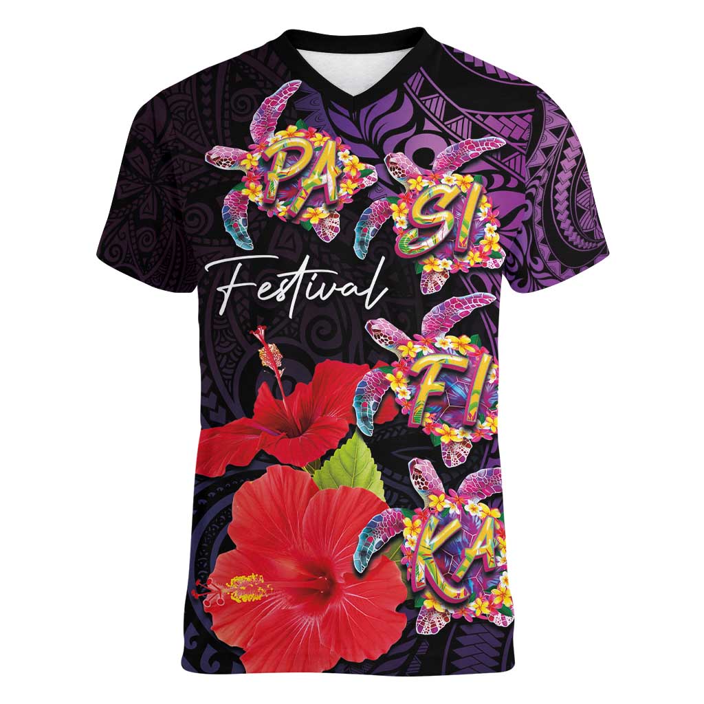Pasifika Festival Women V-Neck T-Shirt Plumeria Turtles with Hibiscus - Polynesian Art Tattoo Purple Color