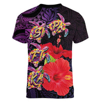 Pasifika Festival Women V-Neck T-Shirt Plumeria Turtles with Hibiscus - Polynesian Art Tattoo Purple Color