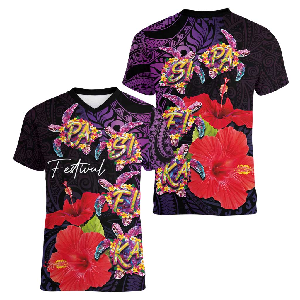 Pasifika Festival Women V-Neck T-Shirt Plumeria Turtles with Hibiscus - Polynesian Art Tattoo Purple Color