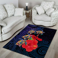 Pasifika Festival Area Rug Plumeria Turtles with Hibiscus - Polynesian Art Tattoo Dark Navy Color