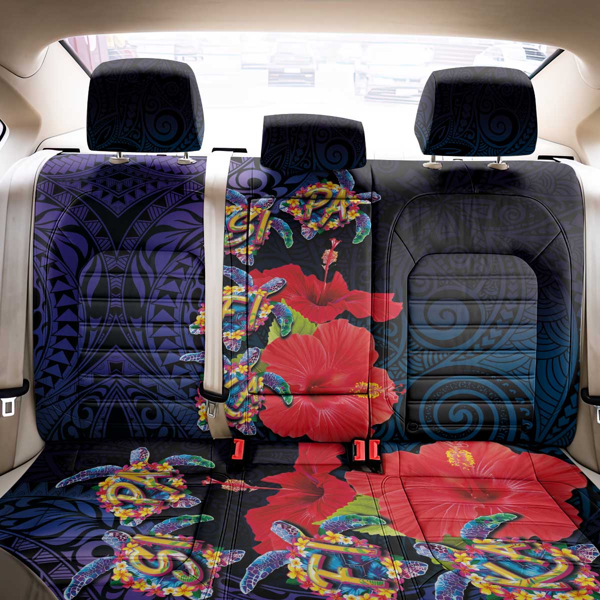 Pasifika Festival Back Car Seat Cover Plumeria Turtles with Hibiscus - Polynesian Art Tattoo Dark Navy Color