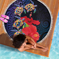Pasifika Festival Beach Blanket Plumeria Turtles with Hibiscus - Polynesian Art Tattoo Dark Navy Color