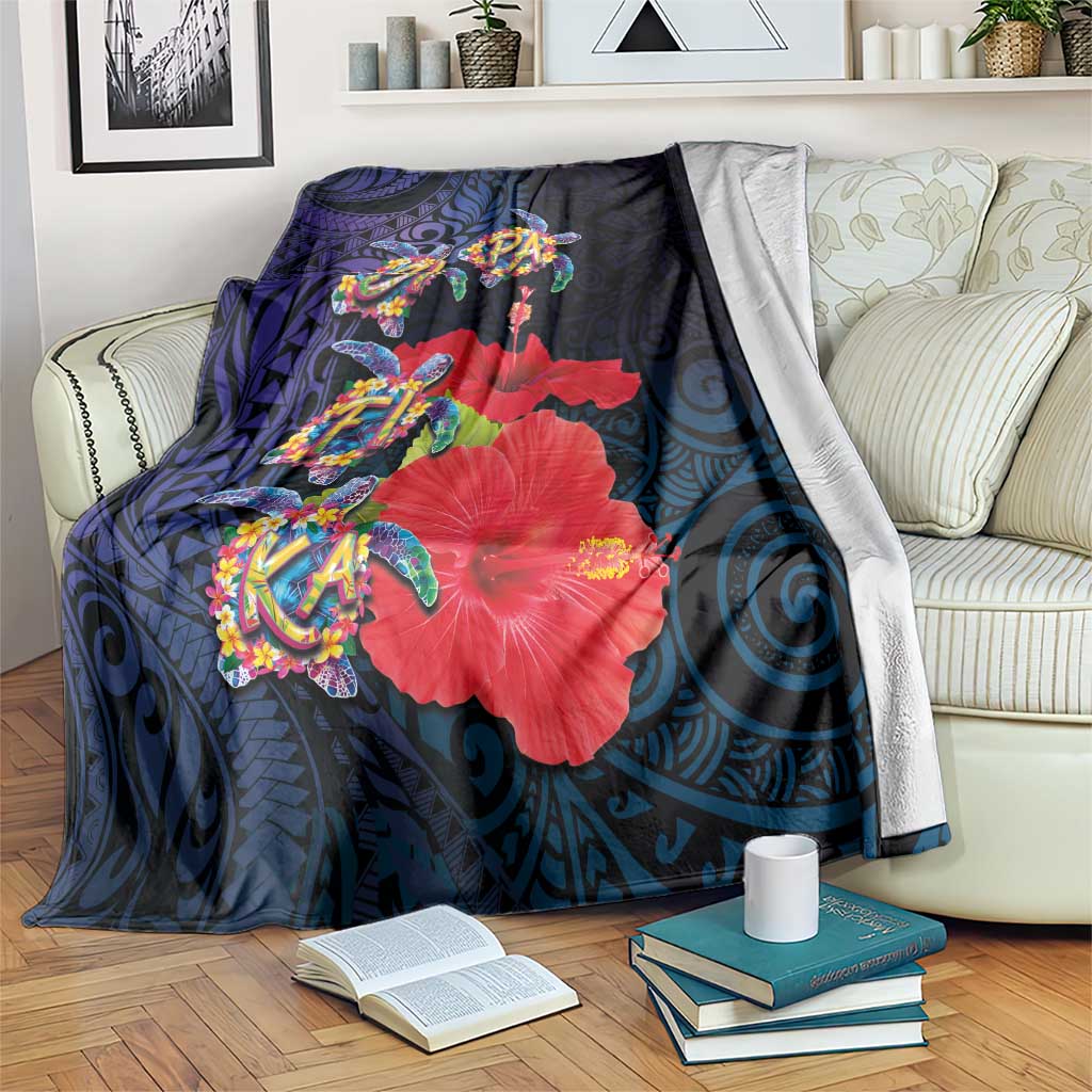 Pasifika Festival Blanket Plumeria Turtles with Hibiscus - Polynesian Art Tattoo Dark Navy Color