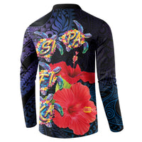 Pasifika Festival Button Sweatshirt Plumeria Turtles with Hibiscus - Polynesian Art Tattoo Dark Navy Color