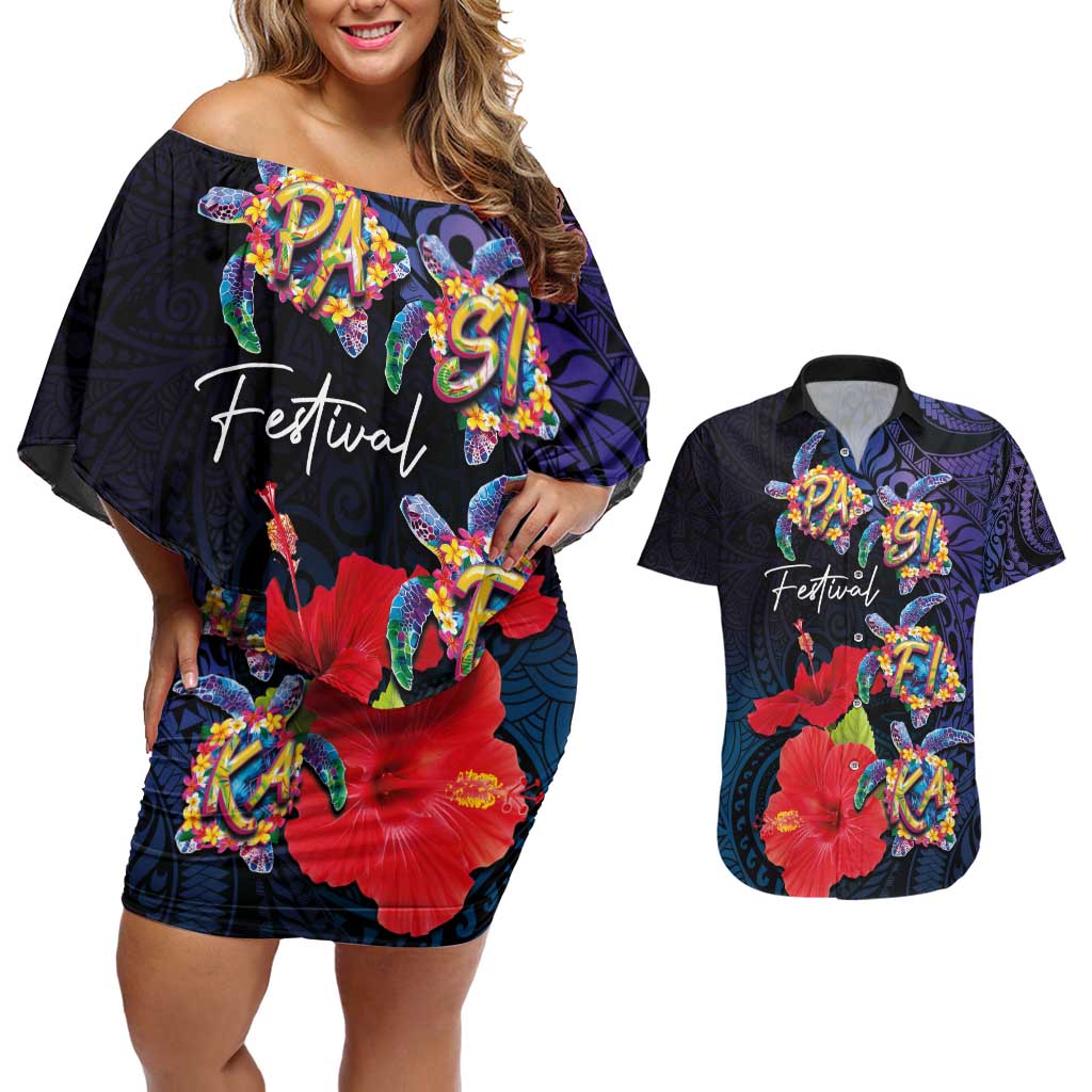 Pasifika Festival Couples Matching Off Shoulder Short Dress and Hawaiian Shirt Plumeria Turtles with Hibiscus - Polynesian Art Tattoo Dark Navy Color