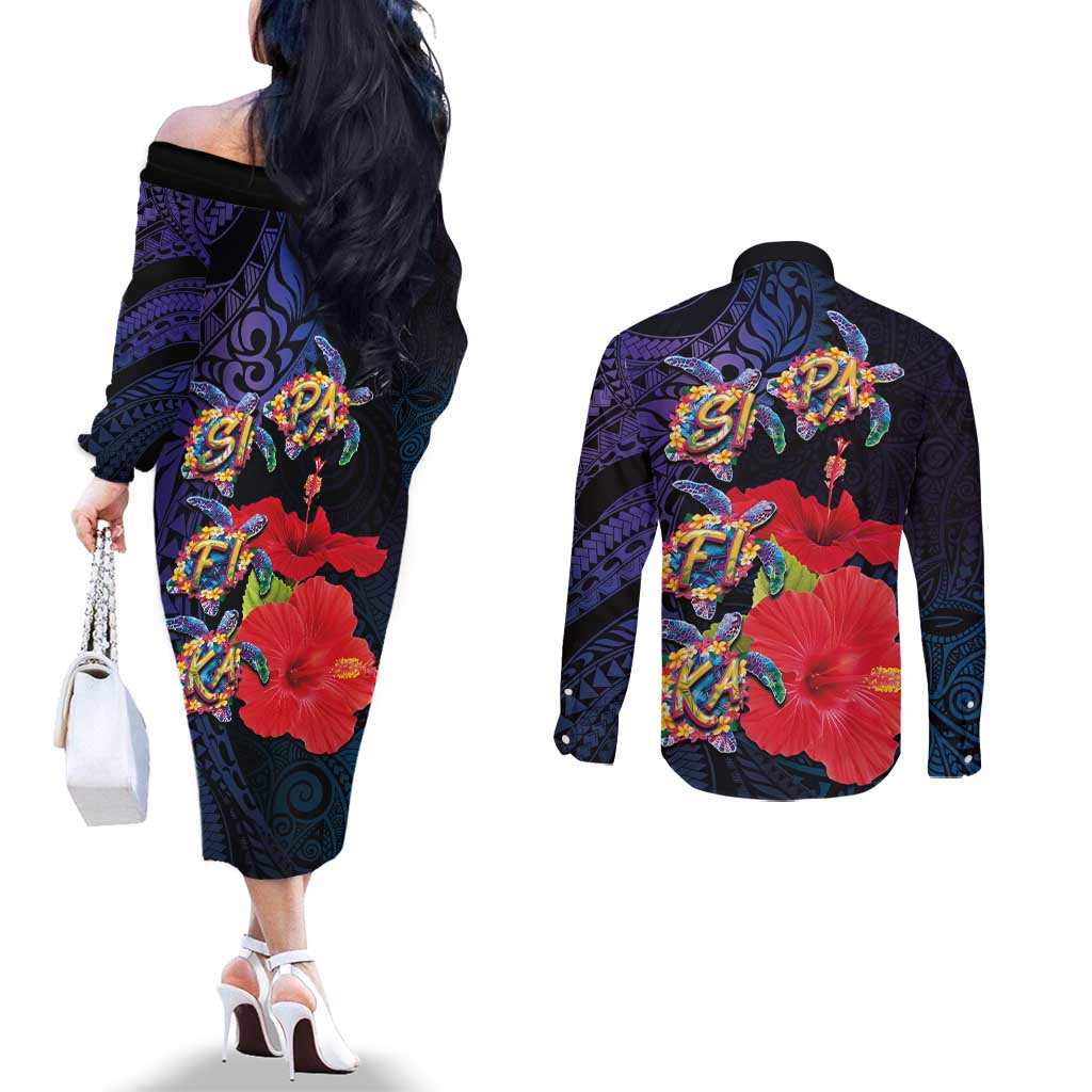 Pasifika Festival Couples Matching Off The Shoulder Long Sleeve Dress and Long Sleeve Button Shirt Plumeria Turtles with Hibiscus - Polynesian Art Tattoo Dark Navy Color