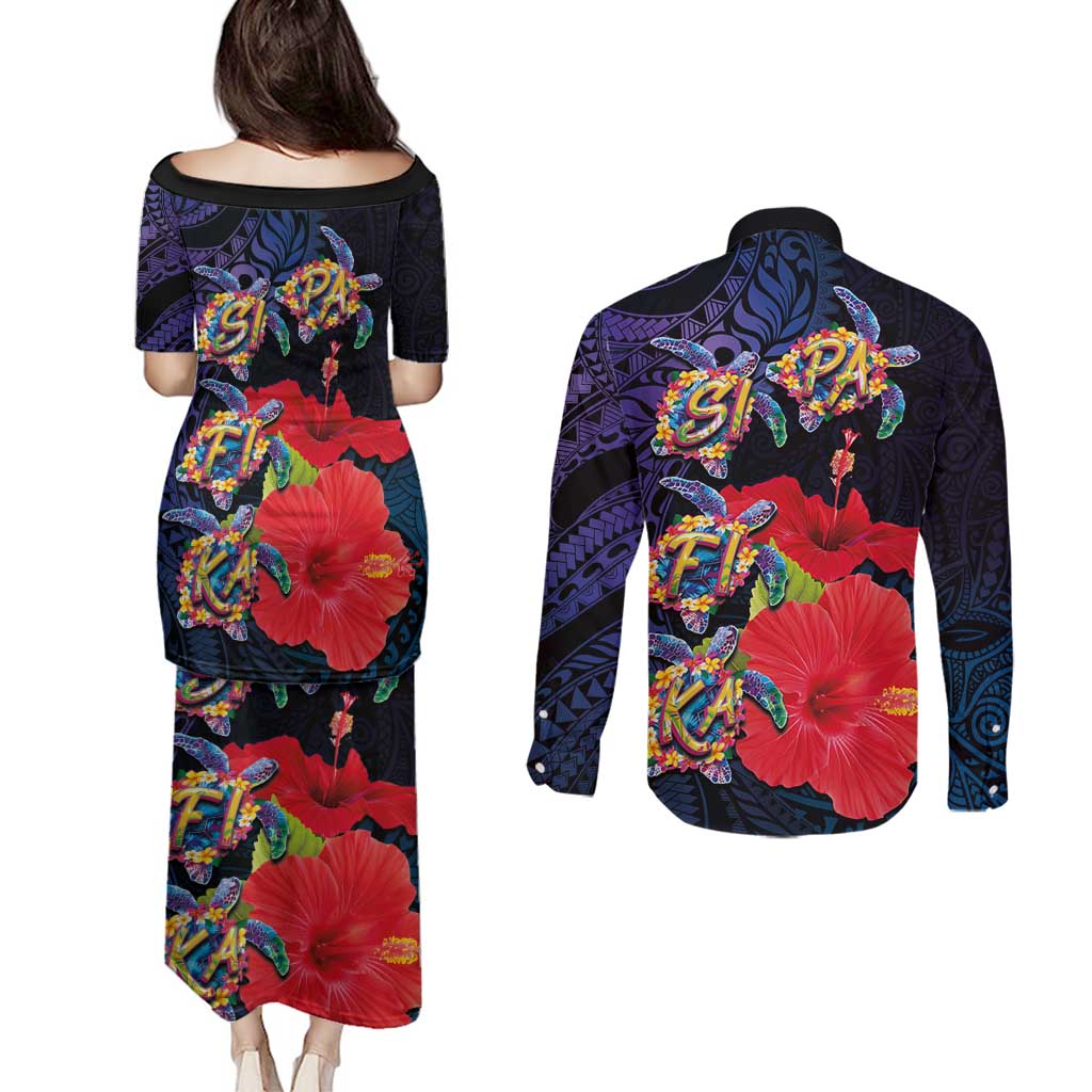 Pasifika Festival Couples Matching Puletasi and Long Sleeve Button Shirt Plumeria Turtles with Hibiscus - Polynesian Art Tattoo Dark Navy Color
