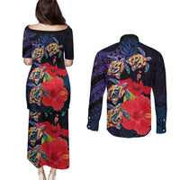 Pasifika Festival Couples Matching Puletasi and Long Sleeve Button Shirt Plumeria Turtles with Hibiscus - Polynesian Art Tattoo Dark Navy Color