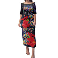 Pasifika Festival Family Matching Puletasi and Hawaiian Shirt Plumeria Turtles with Hibiscus - Polynesian Art Tattoo Dark Navy Color