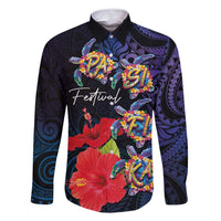 Pasifika Festival Family Matching Tank Maxi Dress and Hawaiian Shirt Plumeria Turtles with Hibiscus - Polynesian Art Tattoo Dark Navy Color