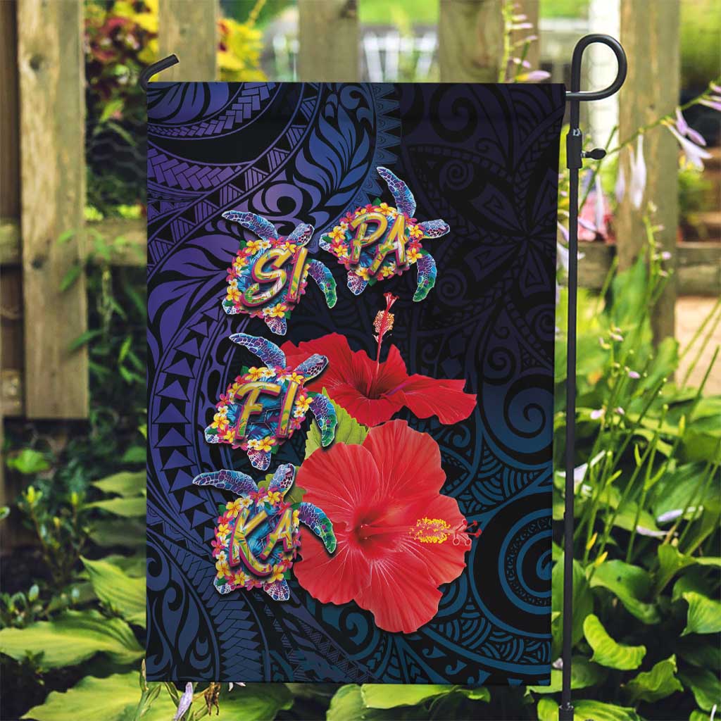 Pasifika Festival Garden Flag Plumeria Turtles with Hibiscus - Polynesian Art Tattoo Dark Navy Color