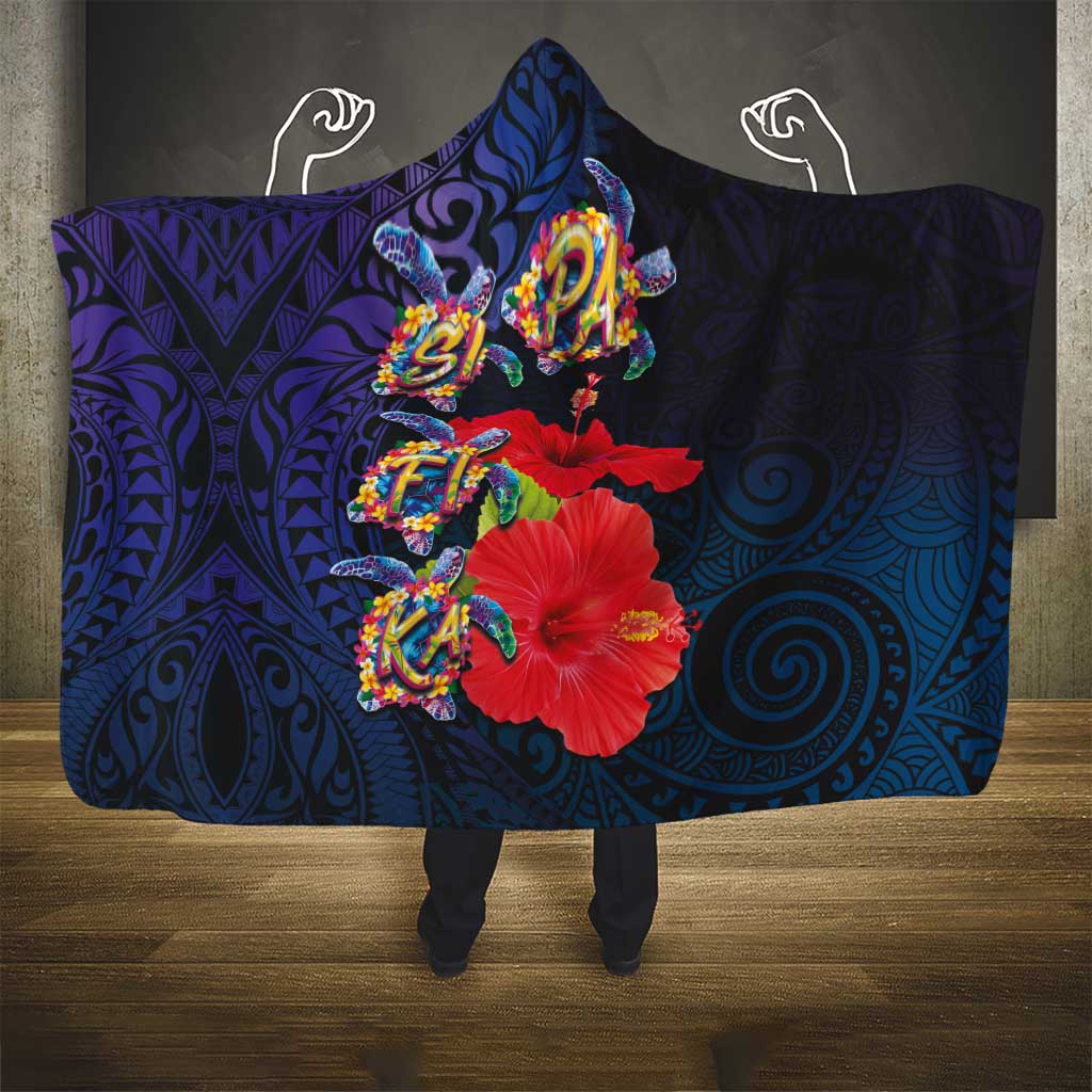 Pasifika Festival Hooded Blanket Plumeria Turtles with Hibiscus - Polynesian Art Tattoo Dark Navy Color