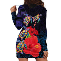 Pasifika Festival Hoodie Dress Plumeria Turtles with Hibiscus - Polynesian Art Tattoo Dark Navy Color