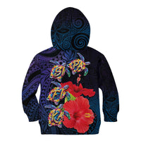 Pasifika Festival Kid Hoodie Plumeria Turtles with Hibiscus - Polynesian Art Tattoo Dark Navy Color