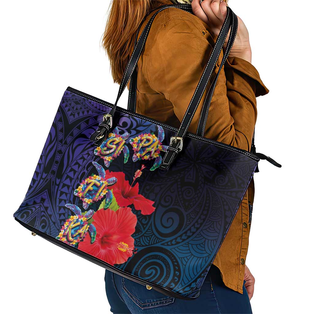 Pasifika Festival Leather Tote Bag Plumeria Turtles with Hibiscus - Polynesian Art Tattoo Dark Navy Color