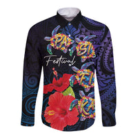 Pasifika Festival Long Sleeve Button Shirt Plumeria Turtles with Hibiscus - Polynesian Art Tattoo Dark Navy Color