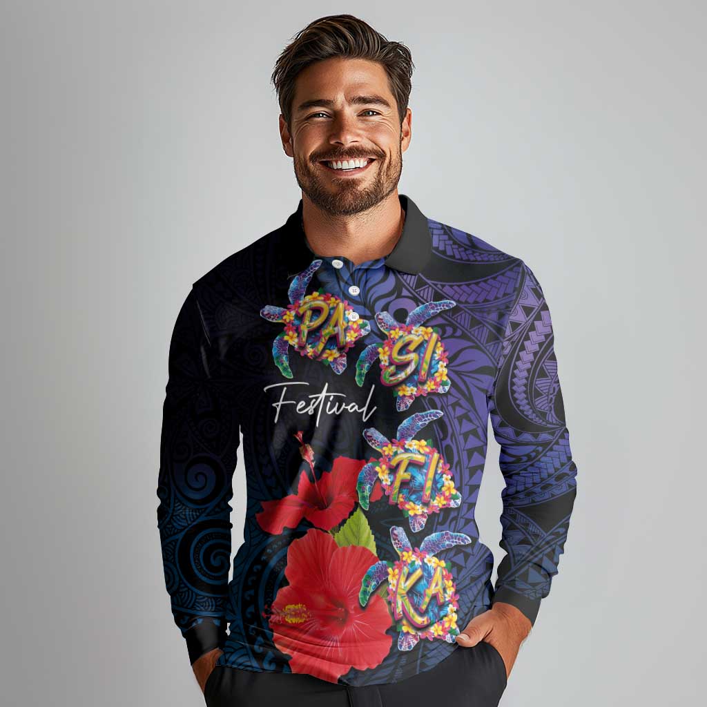 Pasifika Festival Long Sleeve Polo Shirt Plumeria Turtles with Hibiscus - Polynesian Art Tattoo Dark Navy Color