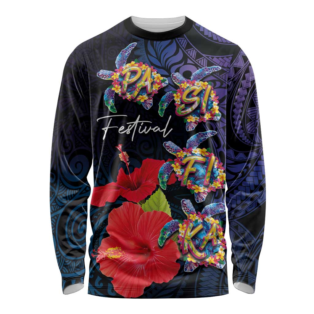 Pasifika Festival Long Sleeve Shirt Plumeria Turtles with Hibiscus - Polynesian Art Tattoo Dark Navy Color
