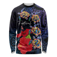 Pasifika Festival Long Sleeve Shirt Plumeria Turtles with Hibiscus - Polynesian Art Tattoo Dark Navy Color