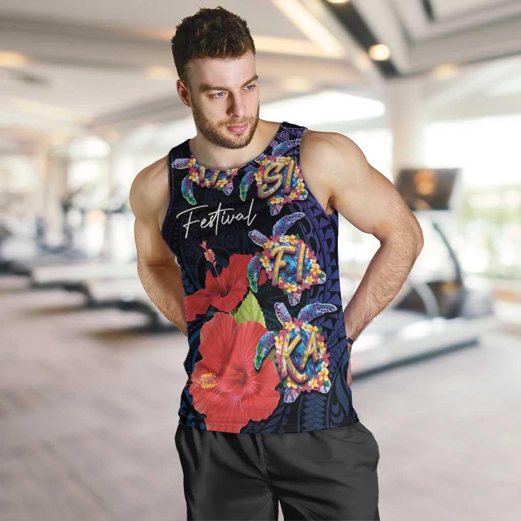 Pasifika Festival Men Tank Top Plumeria Turtles with Hibiscus - Polynesian Art Tattoo Dark Navy Color