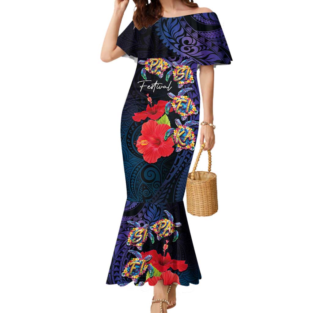 Pasifika Festival Mermaid Dress Plumeria Turtles with Hibiscus - Polynesian Art Tattoo Dark Navy Color
