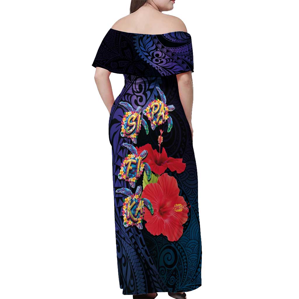 Pasifika Festival Off Shoulder Maxi Dress Plumeria Turtles with Hibiscus - Polynesian Art Tattoo Dark Navy Color