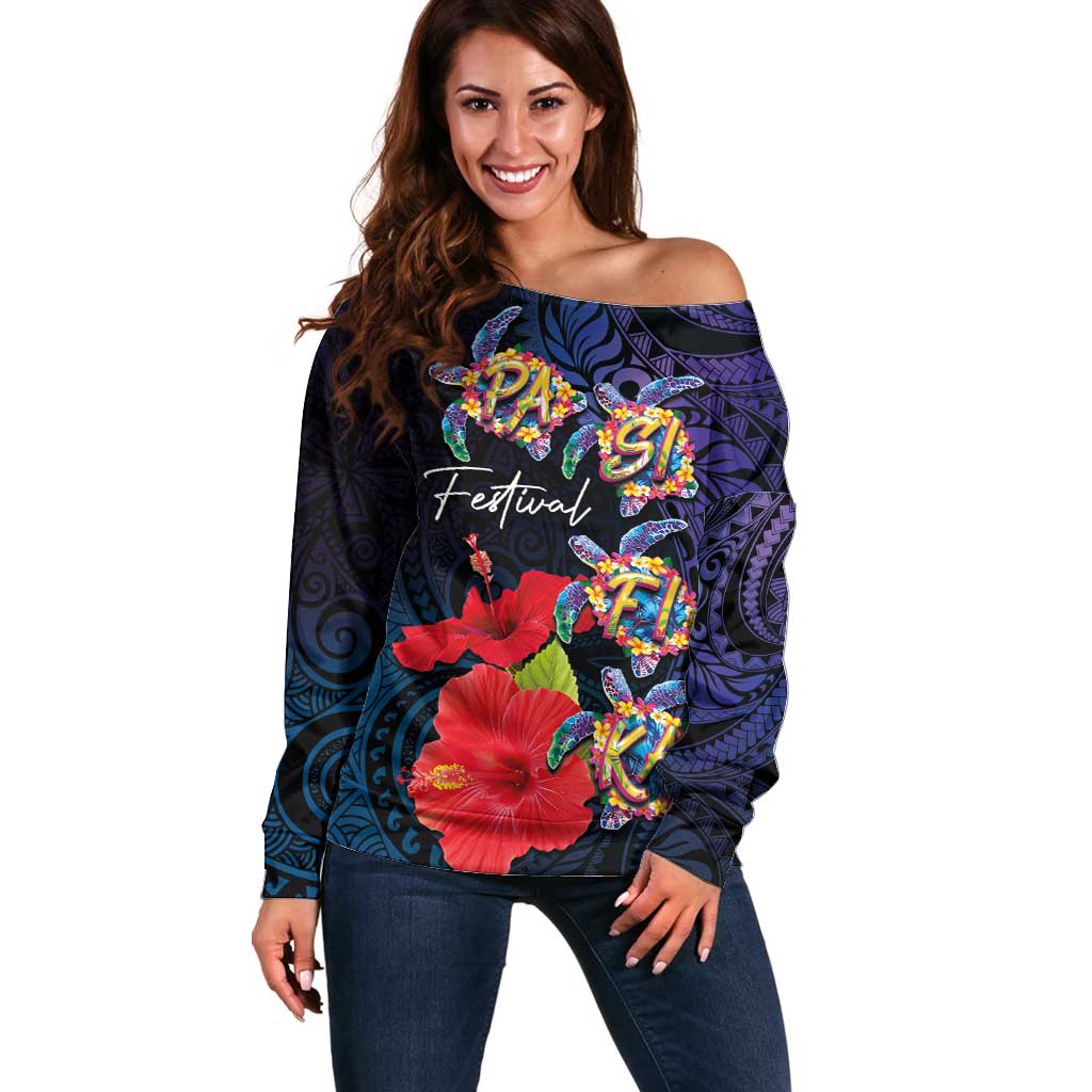 Pasifika Festival Off Shoulder Sweater Plumeria Turtles with Hibiscus - Polynesian Art Tattoo Dark Navy Color