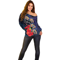 Pasifika Festival Off Shoulder Sweater Plumeria Turtles with Hibiscus - Polynesian Art Tattoo Dark Navy Color