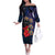 Pasifika Festival Off The Shoulder Long Sleeve Dress Plumeria Turtles with Hibiscus - Polynesian Art Tattoo Dark Navy Color
