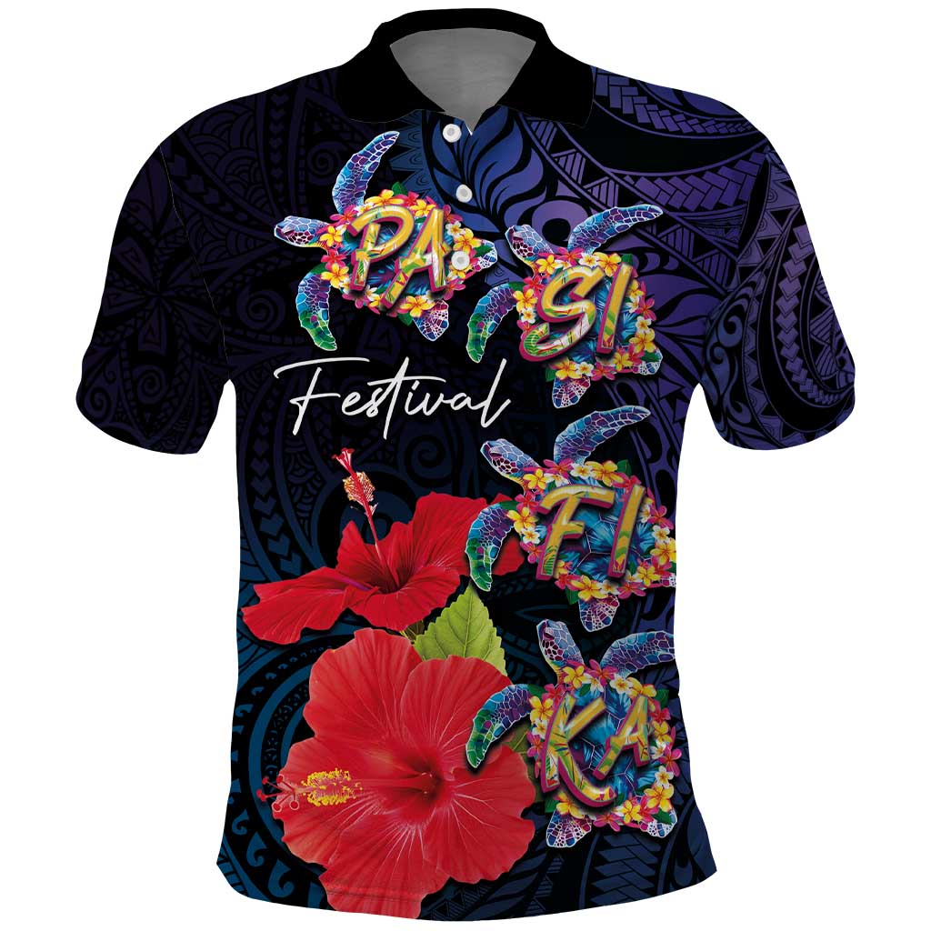 Pasifika Festival Polo Shirt Plumeria Turtles with Hibiscus - Polynesian Art Tattoo Dark Navy Color