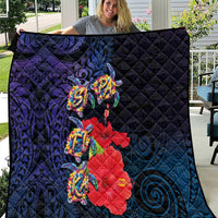 Pasifika Festival Quilt Plumeria Turtles with Hibiscus - Polynesian Art Tattoo Dark Navy Color
