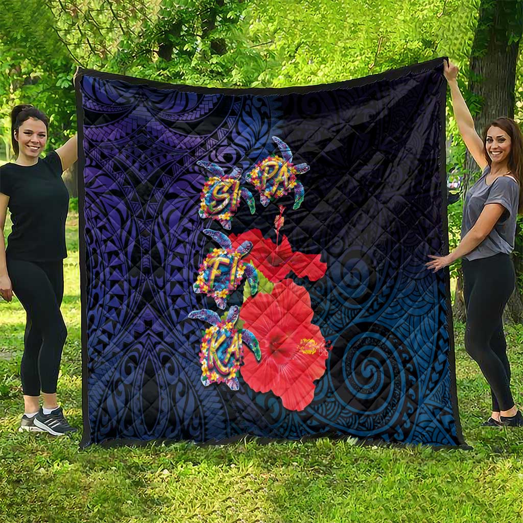 Pasifika Festival Quilt Plumeria Turtles with Hibiscus - Polynesian Art Tattoo Dark Navy Color