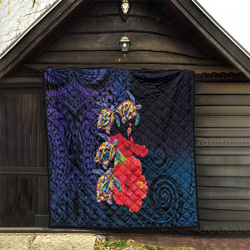 Pasifika Festival Quilt Plumeria Turtles with Hibiscus - Polynesian Art Tattoo Dark Navy Color