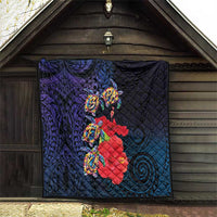 Pasifika Festival Quilt Plumeria Turtles with Hibiscus - Polynesian Art Tattoo Dark Navy Color