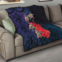 Pasifika Festival Quilt Plumeria Turtles with Hibiscus - Polynesian Art Tattoo Dark Navy Color