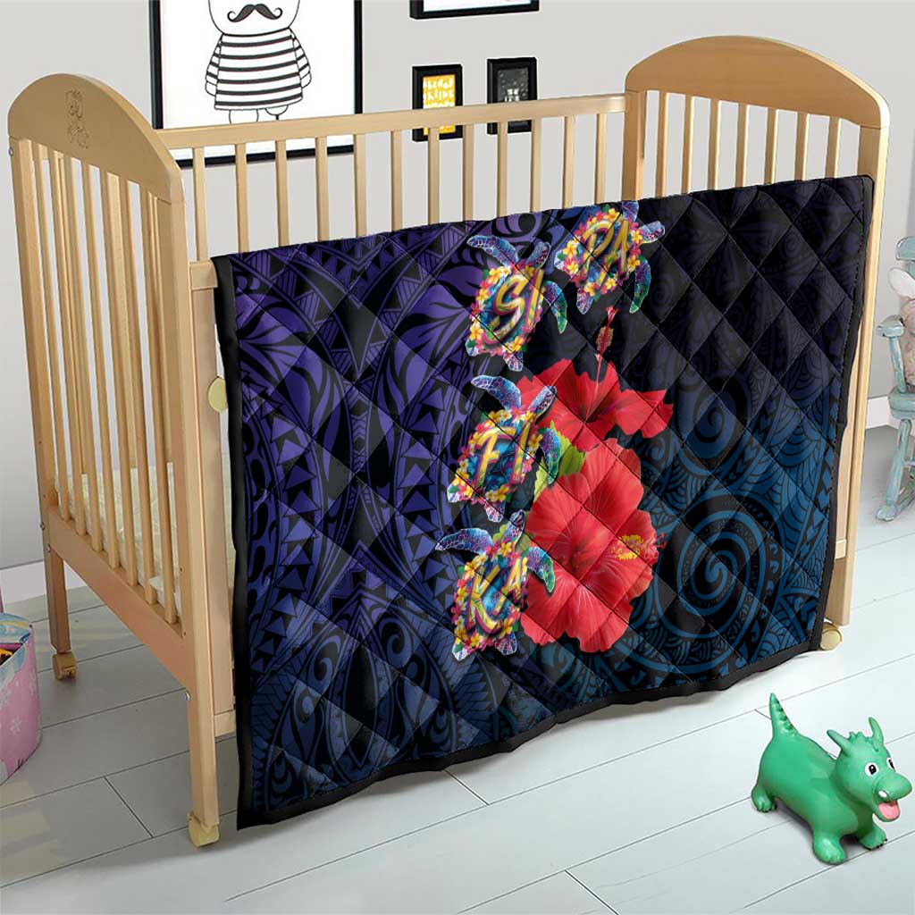 Pasifika Festival Quilt Plumeria Turtles with Hibiscus - Polynesian Art Tattoo Dark Navy Color