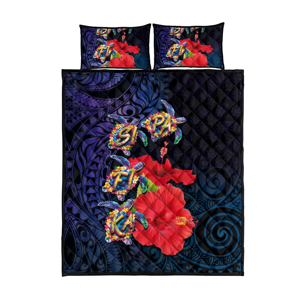 Pasifika Festival Quilt Bed Set Plumeria Turtles with Hibiscus - Polynesian Art Tattoo Dark Navy Color