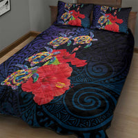 Pasifika Festival Quilt Bed Set Plumeria Turtles with Hibiscus - Polynesian Art Tattoo Dark Navy Color