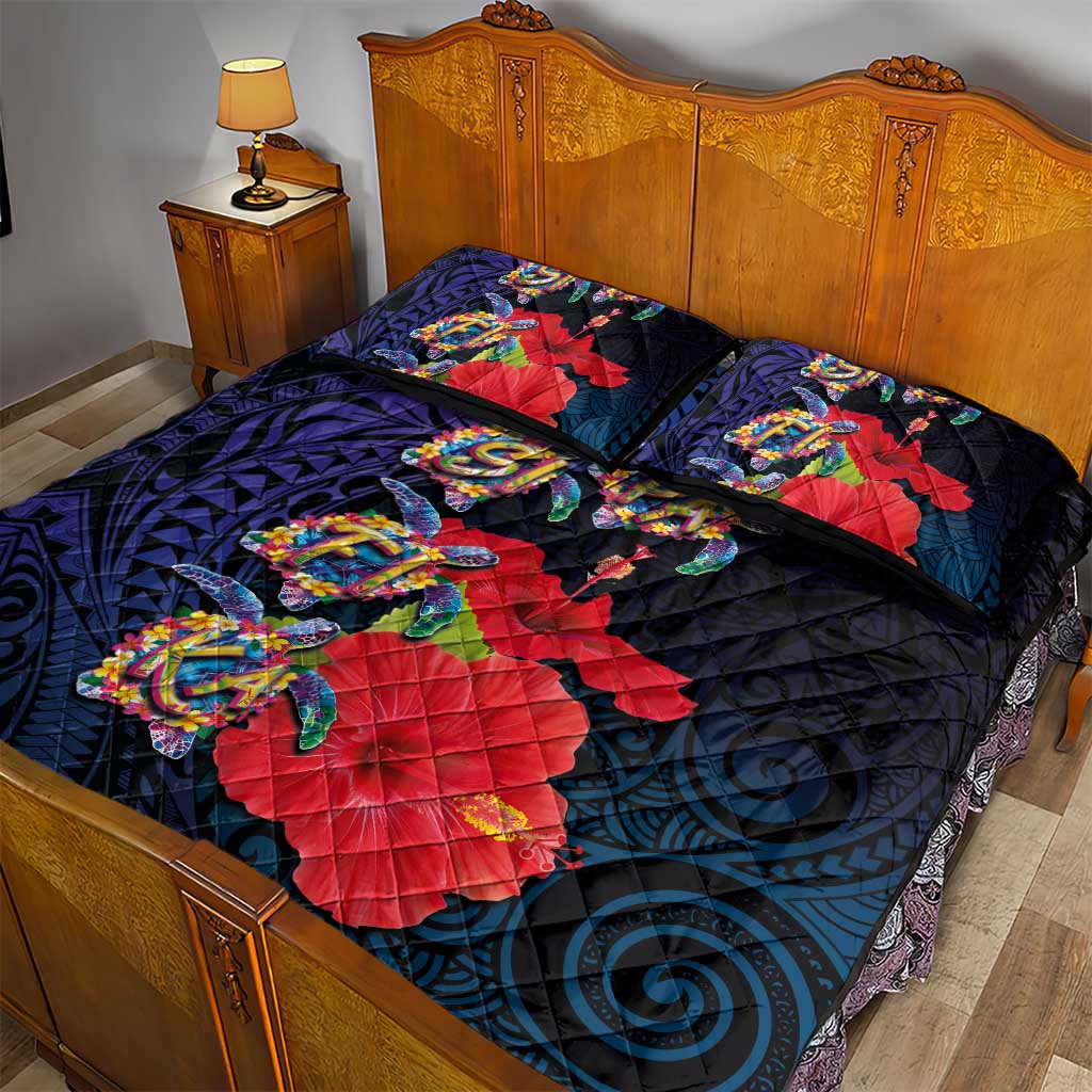 Pasifika Festival Quilt Bed Set Plumeria Turtles with Hibiscus - Polynesian Art Tattoo Dark Navy Color