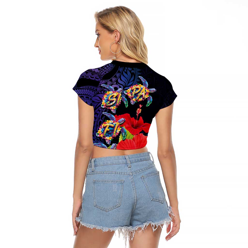Pasifika Festival Raglan Cropped T Shirt Plumeria Turtles with Hibiscus - Polynesian Art Tattoo Dark Navy Color