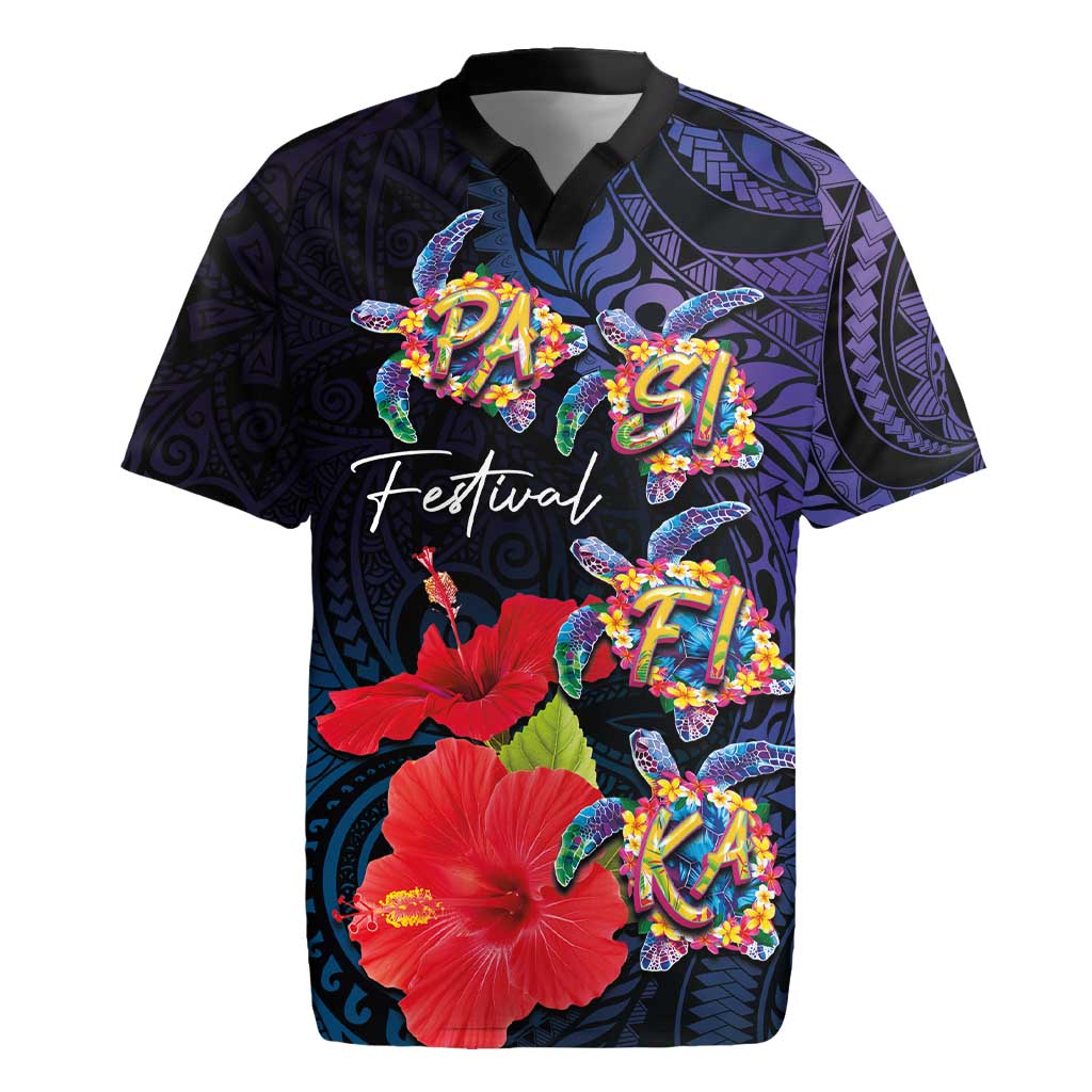 Pasifika Festival Rugby Jersey Plumeria Turtles with Hibiscus - Polynesian Art Tattoo Dark Navy Color